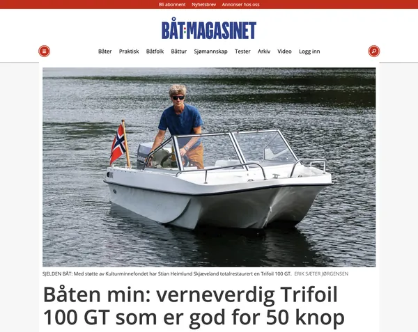 Båtmagasinet article about the restored Trifoil 100 GT